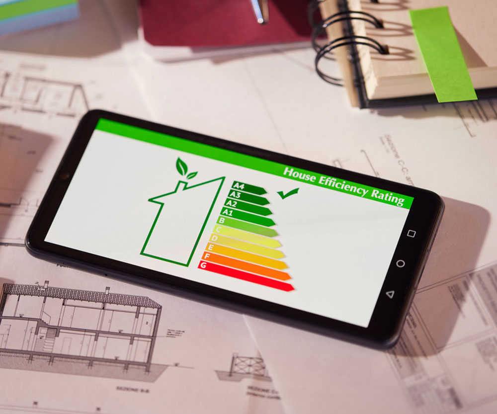 HM-3 Energy efficiency screen on cellphone leaning on drawings and blueprints of a new house.