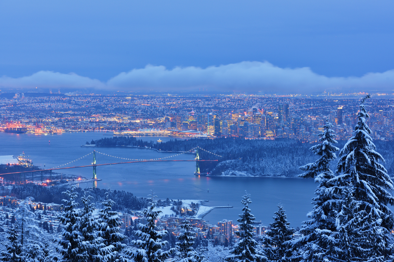 Lions Gate Bridge and Downtown Vancouver in winter with snow, viewed from Cypress Mountain